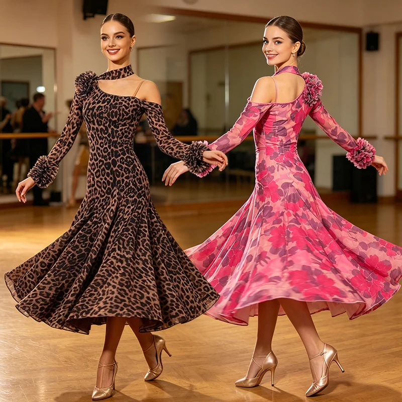 

2026 Leopard Ballroom Dance Dress Adult Women Standard Dance Performance Clothes Waltz Modern Dancing Dress Stage Outfit VBH2694