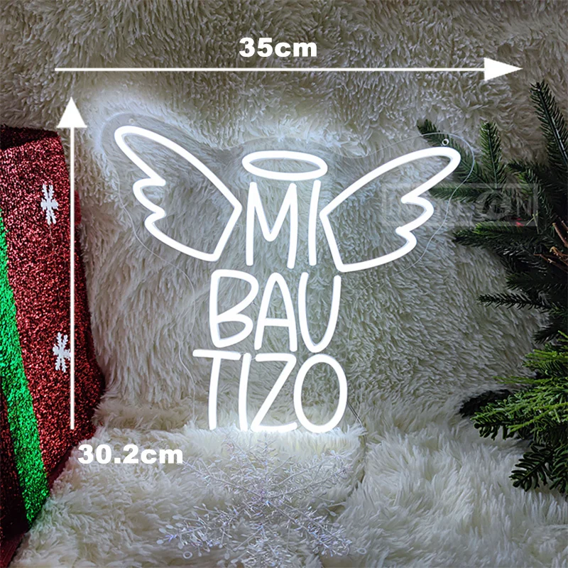 Mi Bautizo-Decoração de parede LED Neon Sign, alimentada por USB, luz de néon suspensa com interruptor, presente ideal para o aniversário das crianças