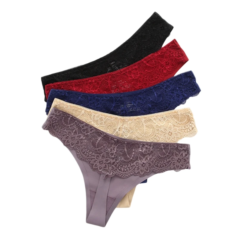 Thin Quick Drying Women's Thongs Ice Silk Ladies T-back Embroidery Lace G-string Seamless Cotton crotch Female T-pants