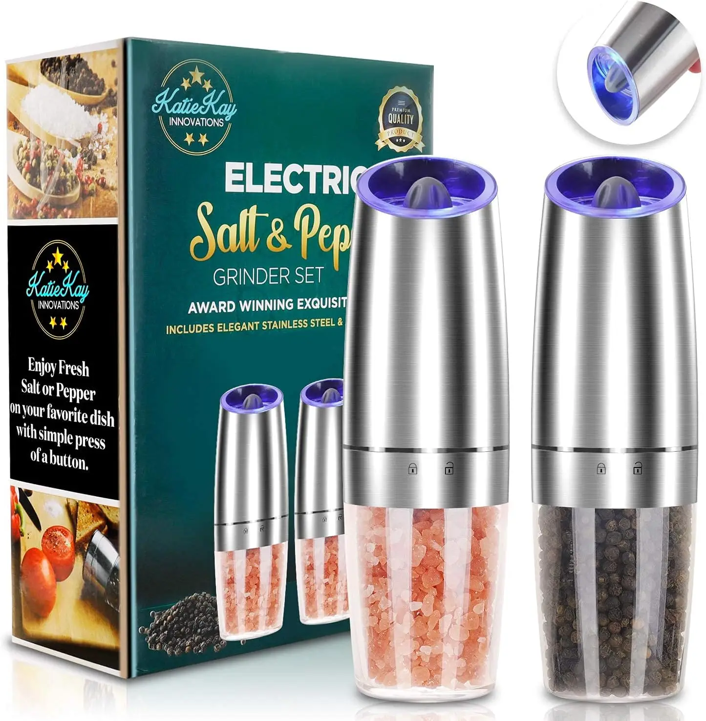 

Electric Salt & Pepper Grinder Set of 2, Automatic Mill with Blue LED, Stainless Steel, Adjustable Coarseness