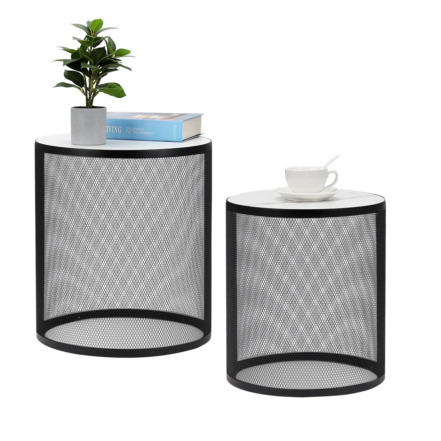 2pcs Nesting Metal Round Coffee Table, Side Table MDF Top End Table Nightstand for Indoor Livingroom Multifunctional Use