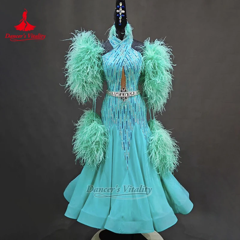 Adult Waltz Tango Ostrich Feather Style Dresses Luxury Customized Dancer's Vitality Social Dance Performance&Competition Attire