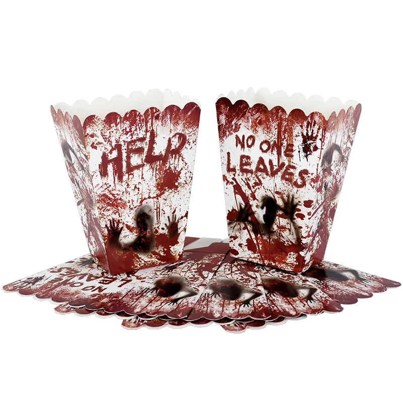 Halloween Party Disposable Tableware Scary Bloody Handprint Paper Plates Cups Popcorn Box For Halloween Horror Party Decor Props