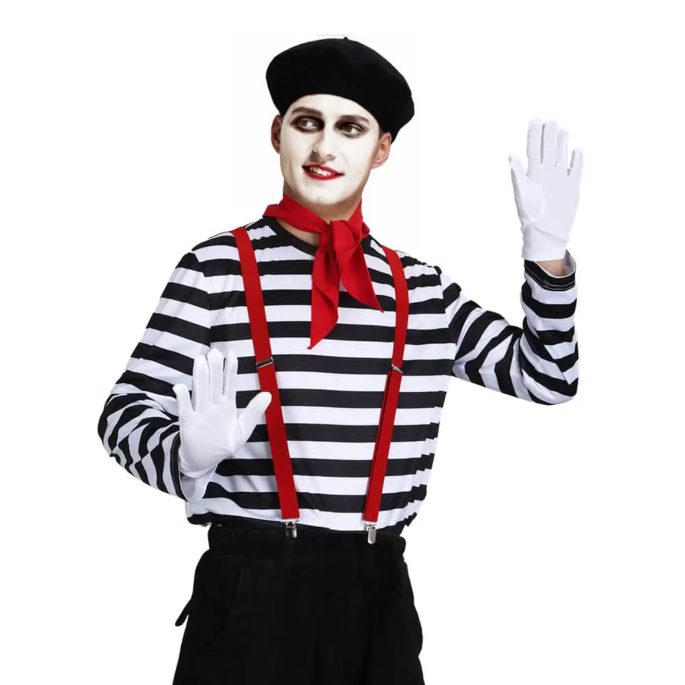 Men's French Mime Artist Costume Tops Cosplay Clown Halloween Party Outfits Fancy Dress