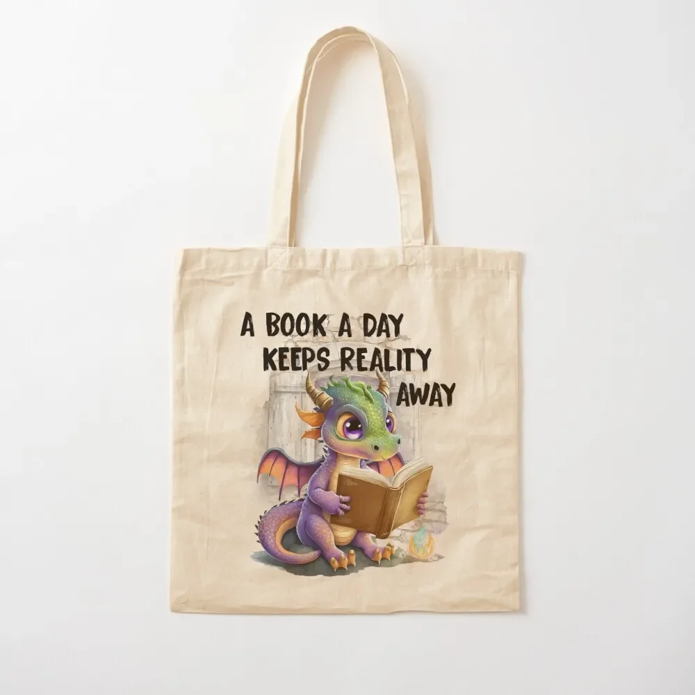 Cute Dragon A Book A Day Keeps Reality Away Tote Bag tote men Reusable bags