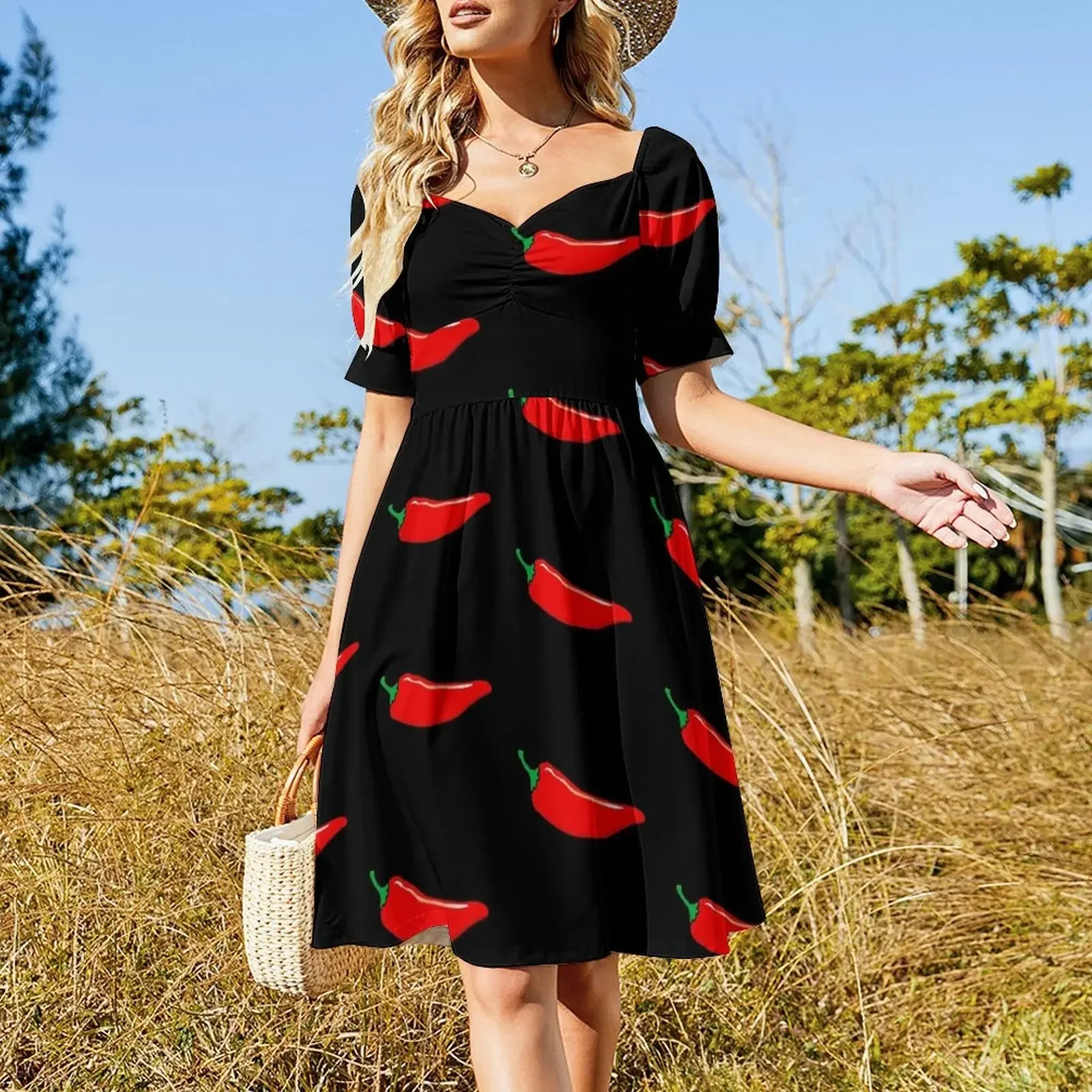 Red Chilli Pepper Sleeveless Dress summer dress korean women Woman's evening dress Women's summer long