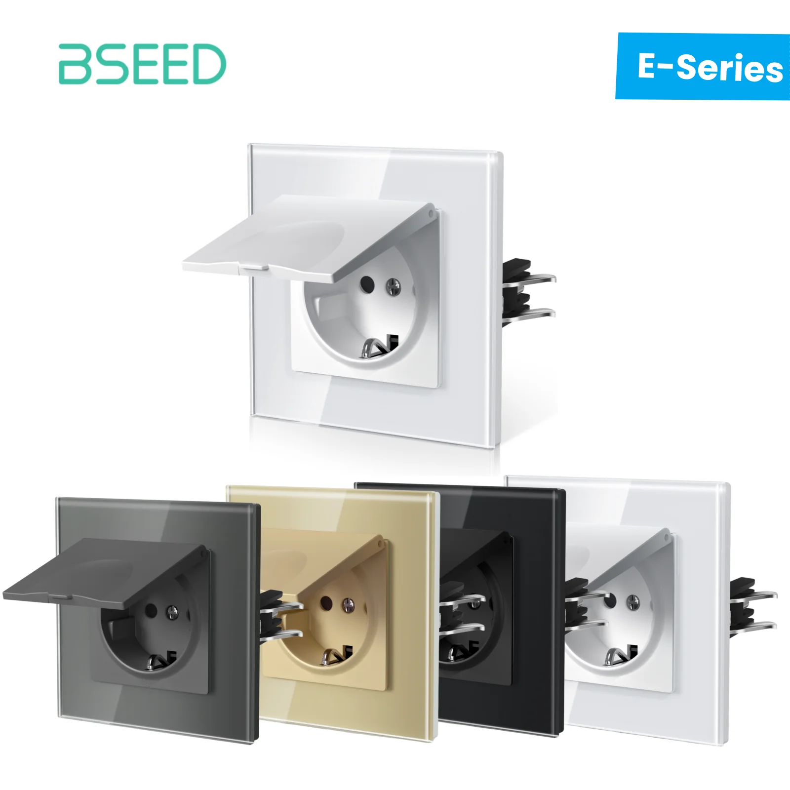 Prise murale étanche BSEED E-Series, norme européenne, avec couvercle, panneau en verre cristal, 16A 110V-250V