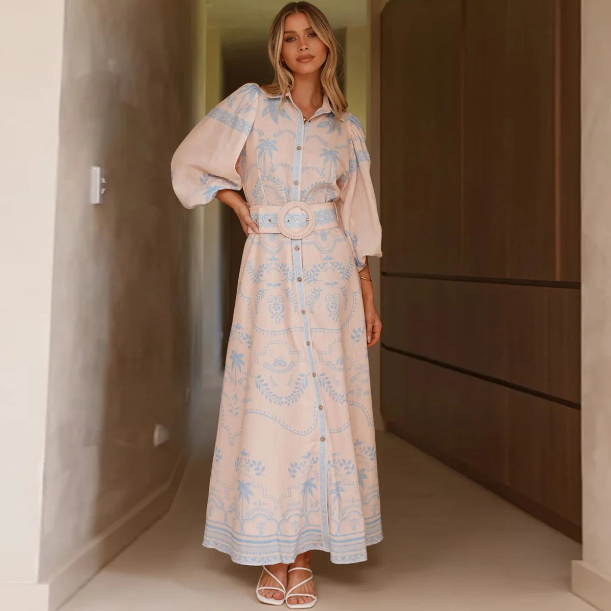 Frauen Hemd Kragen Vintage Floral Print Puff Sleeve Einreiher Frühling Sommer Lange A-linie Leinen Kleid