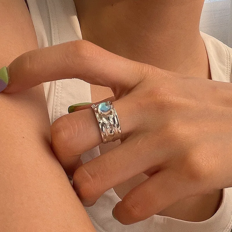 PANJBJ 925 Sterling Silber Mondstein Unregelmäßigen Ring für Frauen Party Geschenk Adjustabler Persönlichkeit Koreanische Dropshipping – Detail 31
