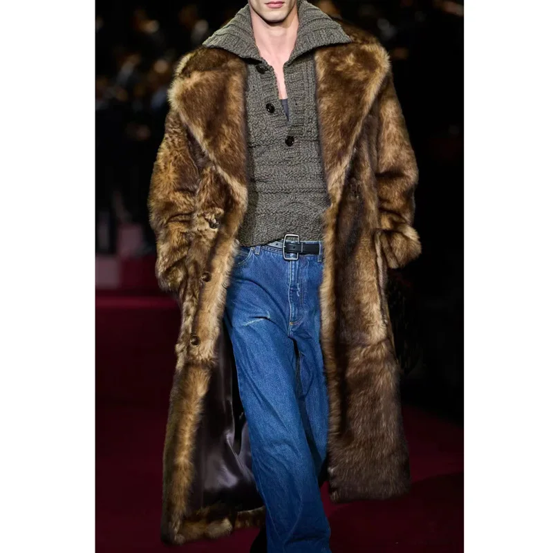 Thick Jacket Winter Fur Overcoat Men Faux Fur Mink Cardigan Open Stitch Spliced Pockets High Street Outerwear Windbreaker