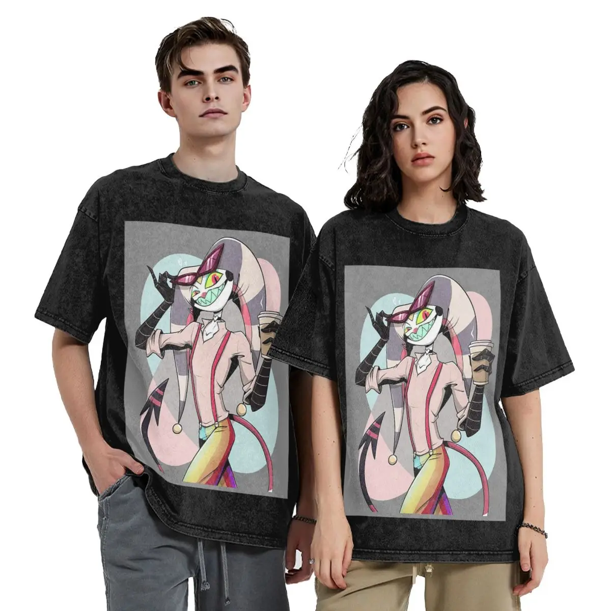 Fizzarolli Helluva Boss Washed T Shirts Printed Short Sleeve Hip Hop T-Shirt Streetwear Tops Tees for Men Women