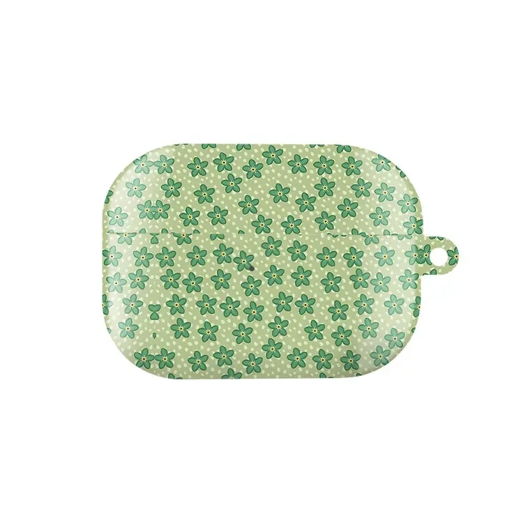 Shockproof Protective Glossy HD Hard PC Cover Case For AirPods Earphone 1 2 3 Pro Pro2 With Metal Hook Green interesting flower