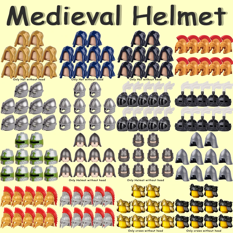 MOC-figuras de soldado de Castillo militar Medieval, cascos, serie de bloques de construcción, accesorios de caballeros, sombrero de guerrero, juguetes de ladrillos, regalos