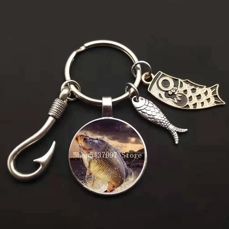 Fashion Fishing Master Keychain Fish Hook Keychain Glass Dome Keychain Fisherman I Love Fishing Fish Pendant Key