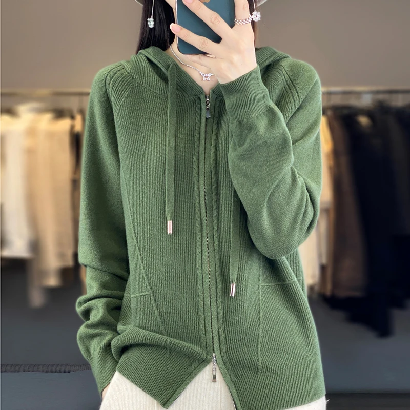 2023 New Autumn and Winter Cashmere hooded cardigan Women Knitwear Cashmere Cardigan Women Cardigan Sweater Coat
