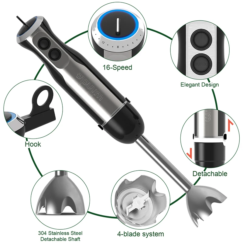 Wancle Blender genggam celup elektrik 1000W, Blender dapur kuat 5 dalam 1 untuk kocokan telur, penggiling daging, prosesor makanan