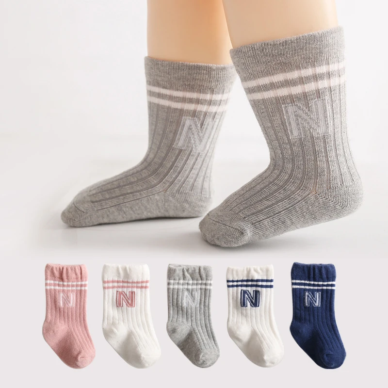 Fashion Stripe Children Knitted Socks N-Letter Baby Mid Tube Sock Solid Color Toddler Cotton Socks Soft Breathable Footwear 0-3Y