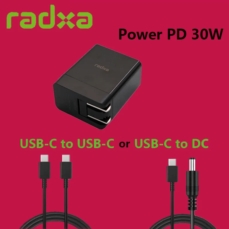 Radxa Power PD 30W Option EU Power Plug Adapter C to C Cable and C to DC Cable Compatible with Radxa SBC