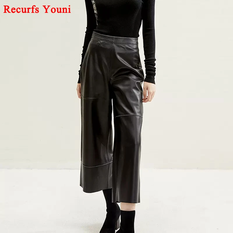 Genuine Leather Pants For Women Autumn/Winter Fashion Commuter Style Versatile Slim Line Design Wide Leg Straight Pantalon Femme