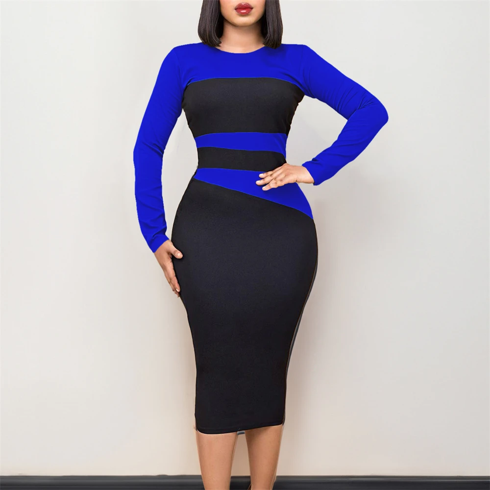 African Dresses for Women Autumn Elegant African Long Sleeve Color Block O-neck Bodycon Dress Dashiki African Clothing 2024