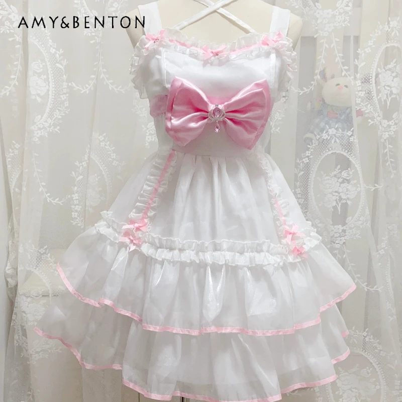 

Original Design Sweet White Bow Women's Sling Dress Japanese 2026 New Cute Lolita Lace Splicing Sleeveless Short Dresses Ladies