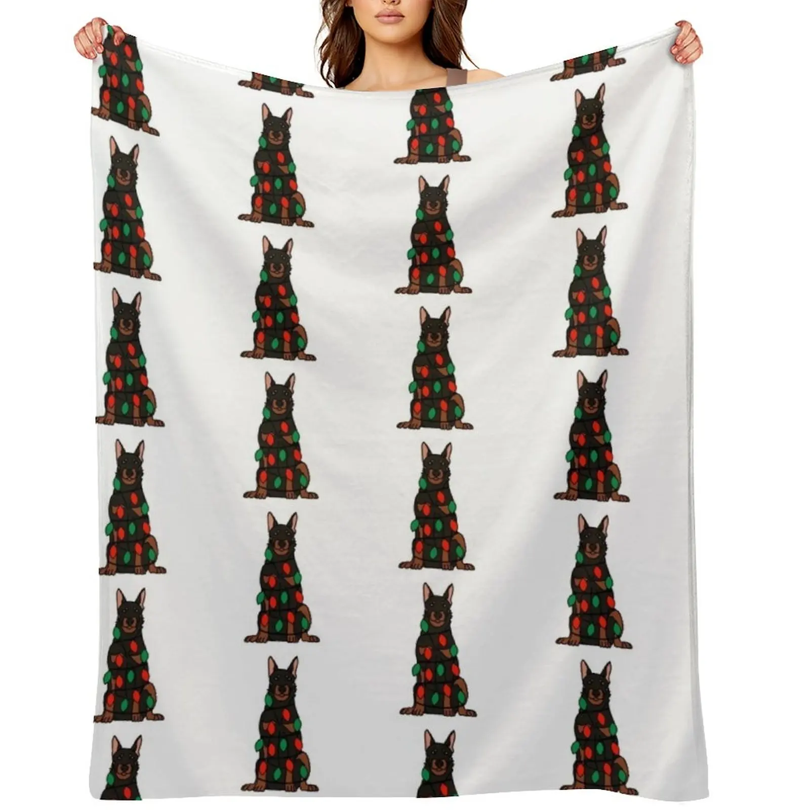 Beauceron Dog with Christmas Lights Wrapped Around Its Body â Festive and Adorable Design Description: Get into Throw Blanket