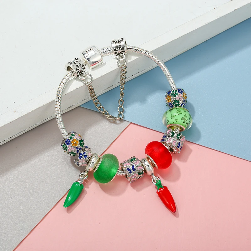 Green And Red Chili Peppers Charm Beads Pendant DIY Snake Chain Charm Bracelet For Women Children Jewelry Dropshipping
