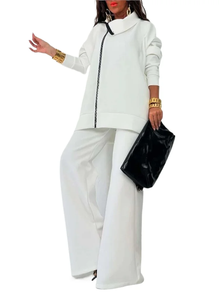 

Fashion Set Zipper Casual Long Sleeved Hoodie Women's Suit Autumn New Loose Wide Leg Pants Female Elegant Office Two Piece Set