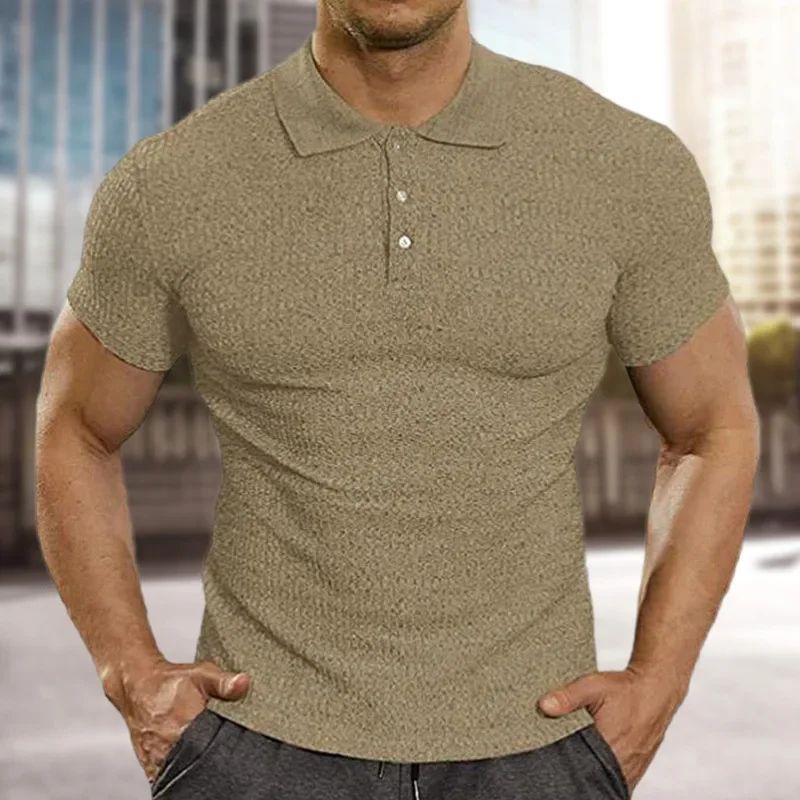 LIBIELIY New Men's Summer High-end Male Personality Short Sleeve Knitted T-shirt Solid Color Lapel Slim Casual Fashion Men's POL