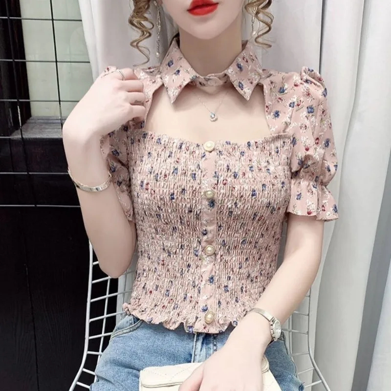 

Fashionable Niche Square Neck Short Sleeve Shirt for Women 2026 Summer New Arrival Floral Print Waist Cinching Stylish Blouse
