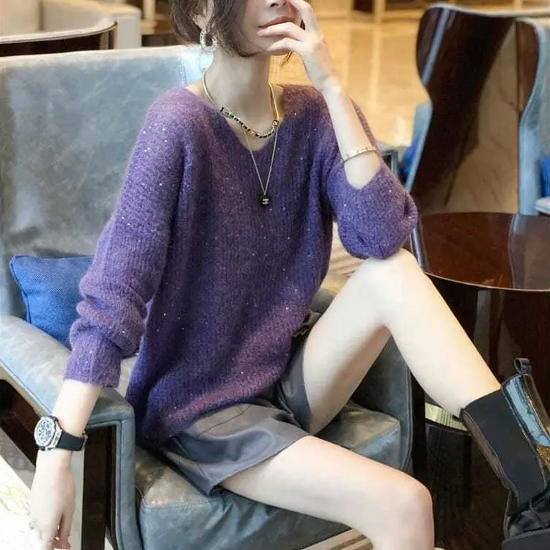 Lady Korean Loose V-Neck Solid Sweaters Pullovers Women's Clothing Autumn Winter Temperament All-match Long Sleeve Knitted Tops