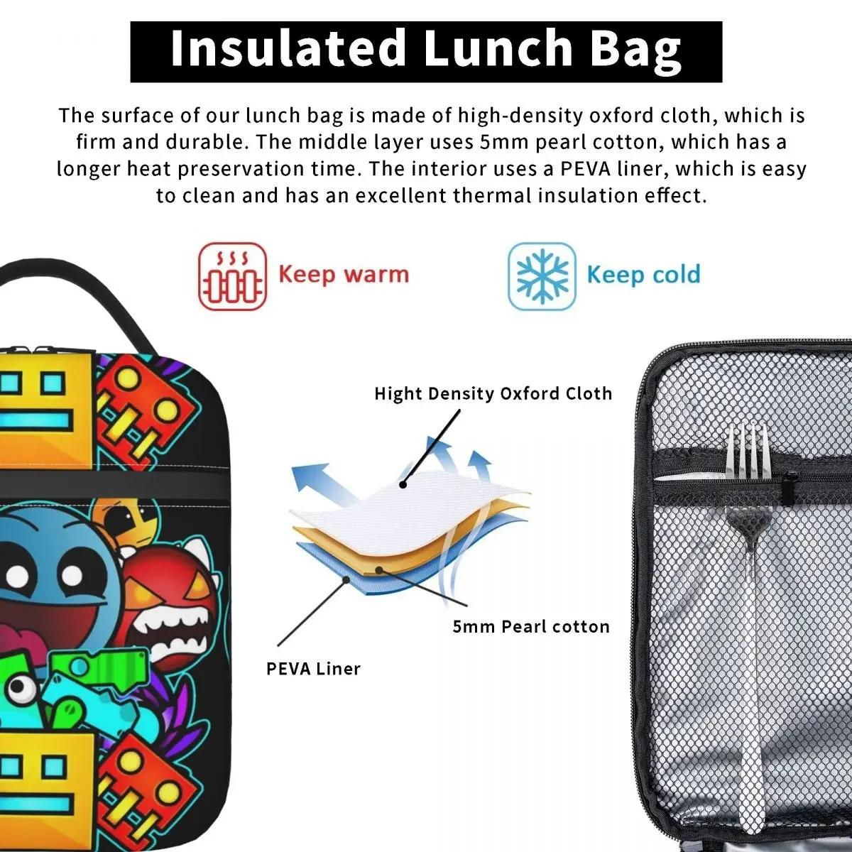 Geometry Cube Gaming Dash Old School Insulated Lunch Bags Thermal Bag Lunch Container Lunch Box Tote Food Storage Bags Picnic