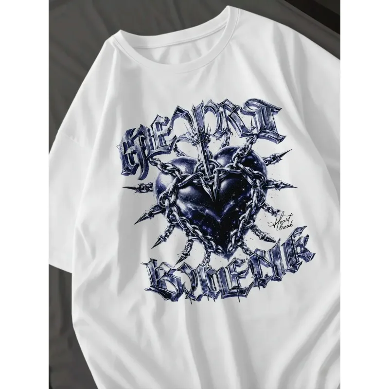 Unisex Oversized T‑Shirt Chain Heart Sword Gothic Letter Print Short Sleeve Tees Y2K Punk Streetwear Loose Casual Cotton Tops