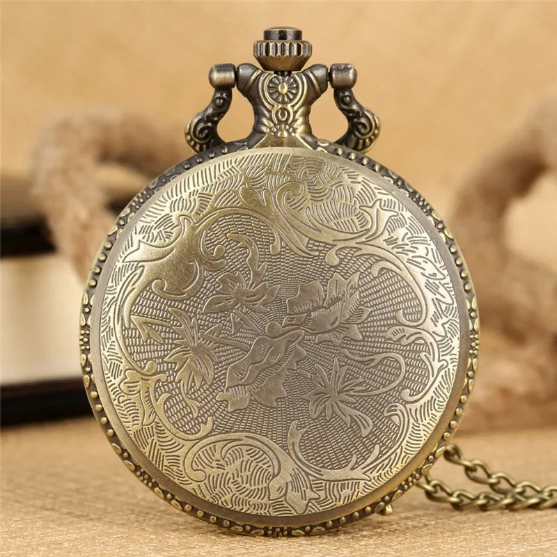 Bronze Engraved Leaf Design Full Hunter Quartz Analog Pocket Watch for Men Women with Sweater Necklace Chain Collectable Clock