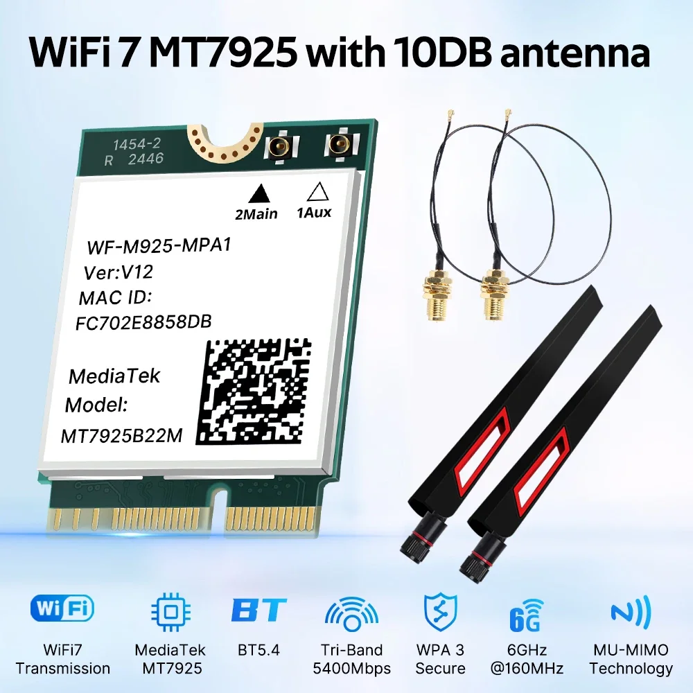 Fenvi WiFi 7 MT7925 Network Card Bluetooth 5.4 M.2 NGFF Wireless Adapter 5400Mbps Tri Band 2.4G/5G/6GHz WiFi7 with 10dBi Antenna