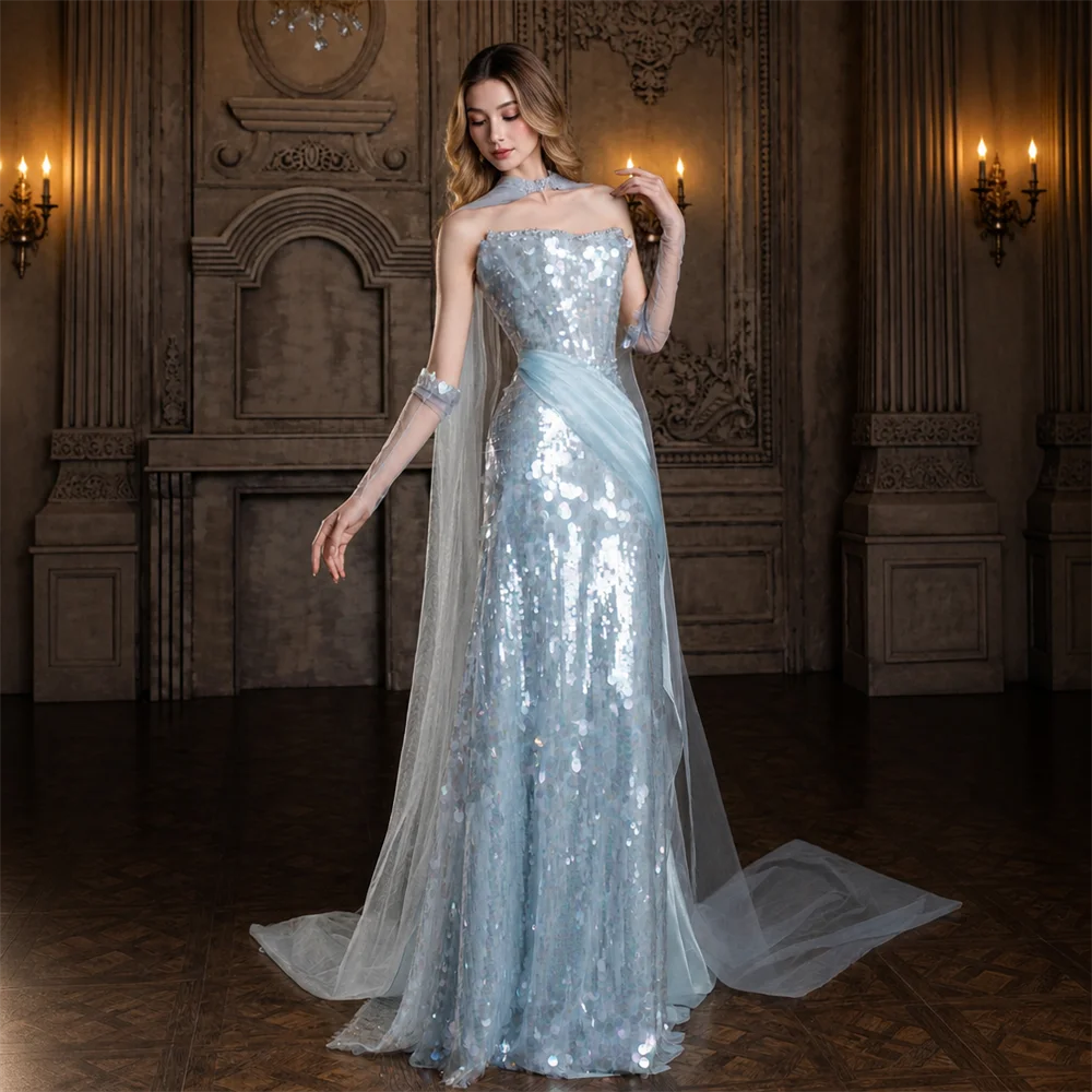 Blue Formal Evening Dress Strapless Long Prom Gown for Birthday Graduation Debutante Wedding Banquet Party Bridesmaid Dresses - view 3