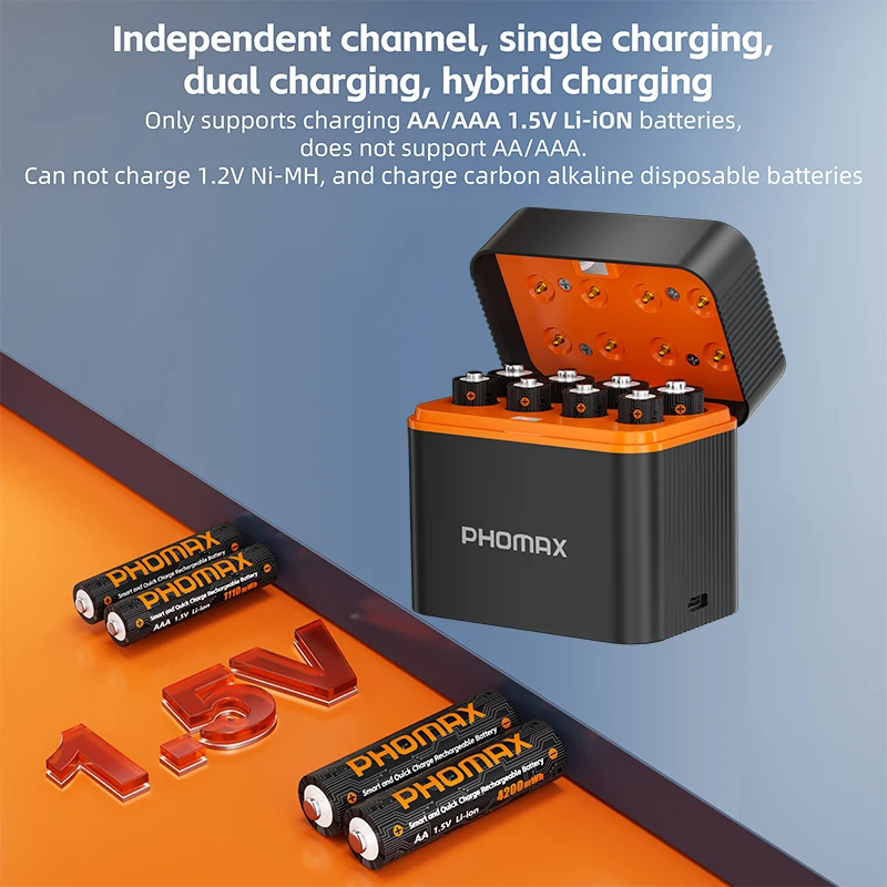 PHOMAX 8-Slot Smart Charger for AA/AAA Batteries 1.5V 4200mWh/1110mWh Fast-Charging Lithium Battery Set
