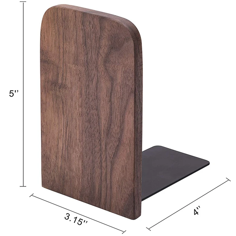 6Pcs Wooden Bookends With Metal Base Heavy Duty Black Walnut Book Stand With Anti-Skid Dots For Office Desktop