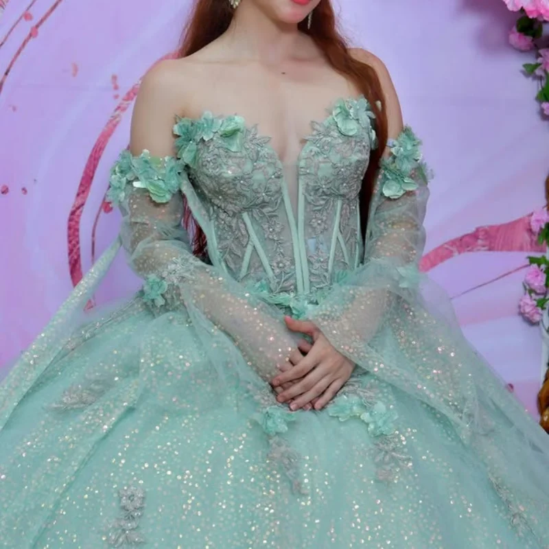 

Shiny Mint Green Quinceanera Dress off-shoulder Lace glitter decal 3D Flower Long tail vestidos de 15 Quinceanera ﻿Customize