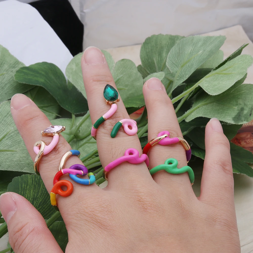 Color Bohemian Rings Woman Y2K Candy Glass Geometry Multicolor Adjustable size Serpentine Madera Pulseira Free Freight