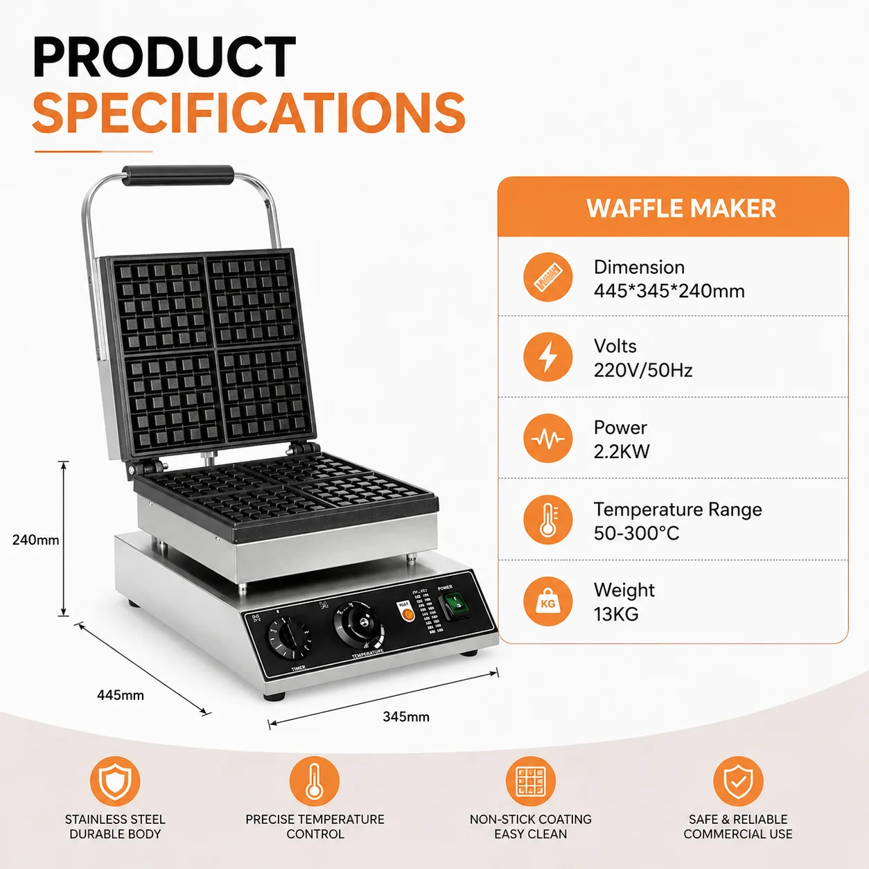 New Commercial Stainless Steel 4-Grid Square Electric Waffle Maker with Non-Stick Coating 110/220V Timer for Breakfast