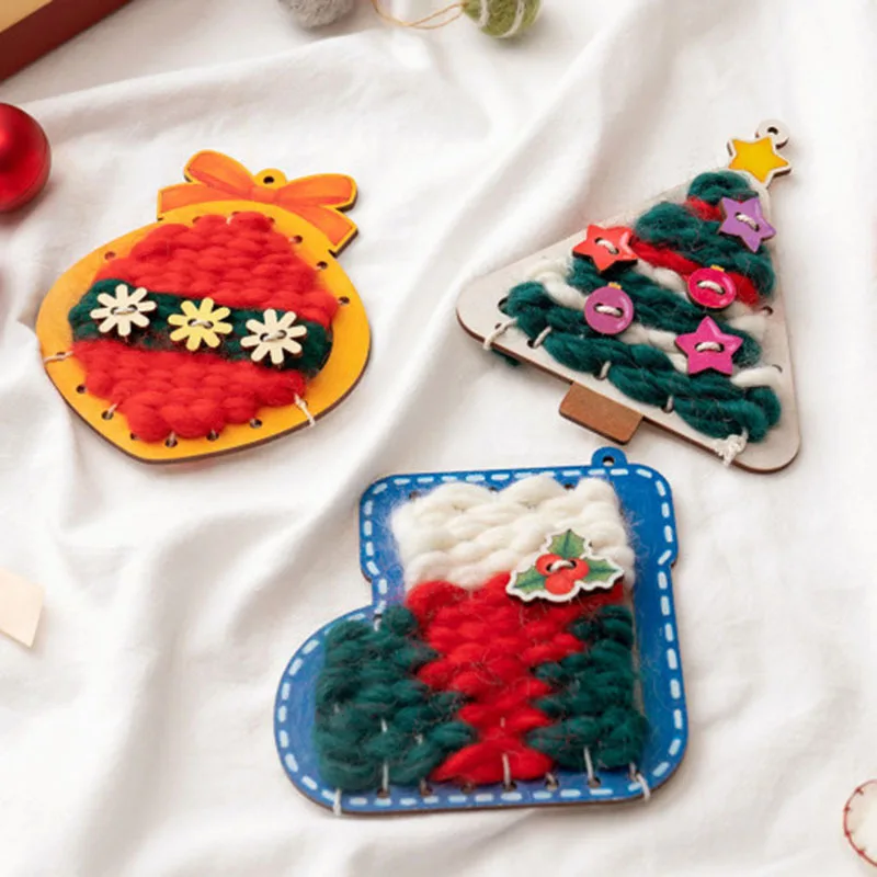 DIY Handmade Christmas Craft Kits Cute Wood Knitting Xmas Decoration Pendants for Kids DIY Handcrafted Toys Materials