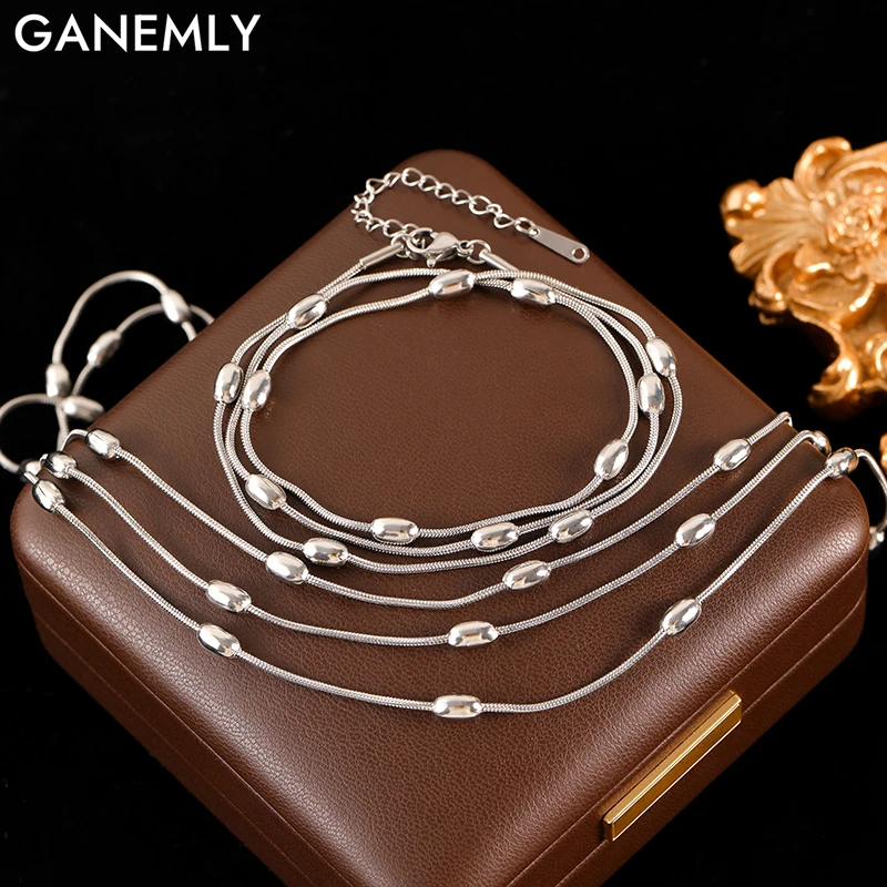 

GANEMLY 316L Stainless Steel Multilayer Wearing Chain Necklace Bracelet Set For Women New Trendy Silver Color Waterproof Jewelry