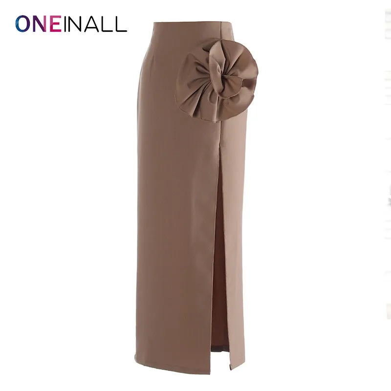 

ONENALL Patchwork Appliques Split Skirt For Women High Waist SlimmingElegant Bodycon Solid Skirts Female Summer Clothing Style