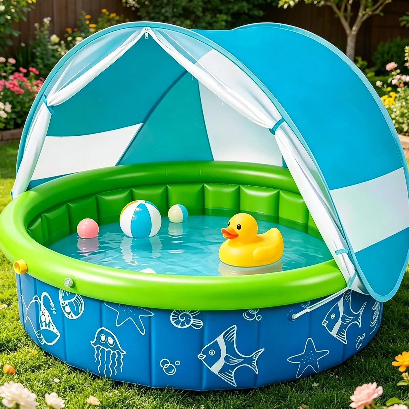 Foldable Kids Frame Pool Sun Shade Canopy Portable Outdoor Beach Wading Pool DualUse Play Tent Ball Toddler Summer Water Toy