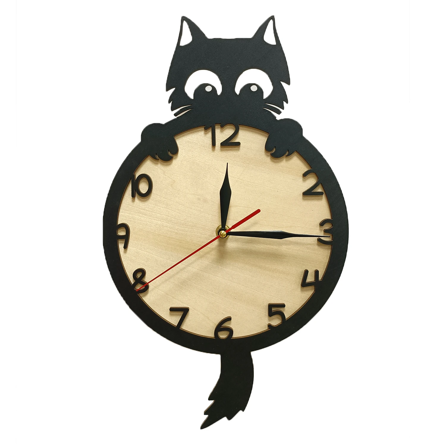 Cat Wooden Wall Clock With Moving Tail for Pet Shop Home Decor Silent Timber Timepieces Black Cat Swinging Pendulum Wall Clock