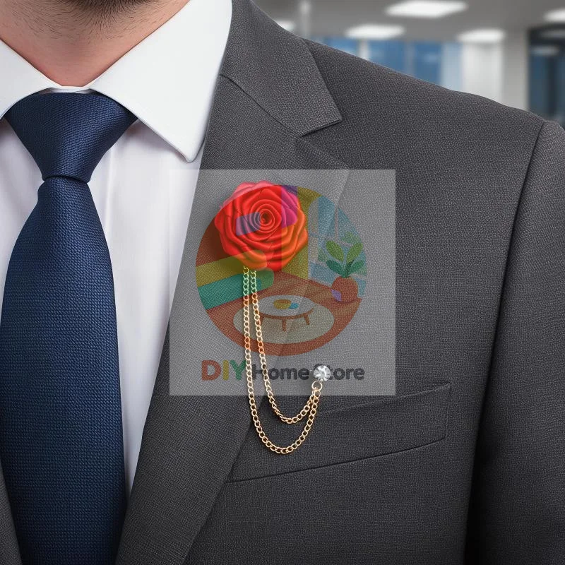 Elegant and Unique Wedding Brooch for Grooms with Handmade Cloth Rose and Tassel Chain