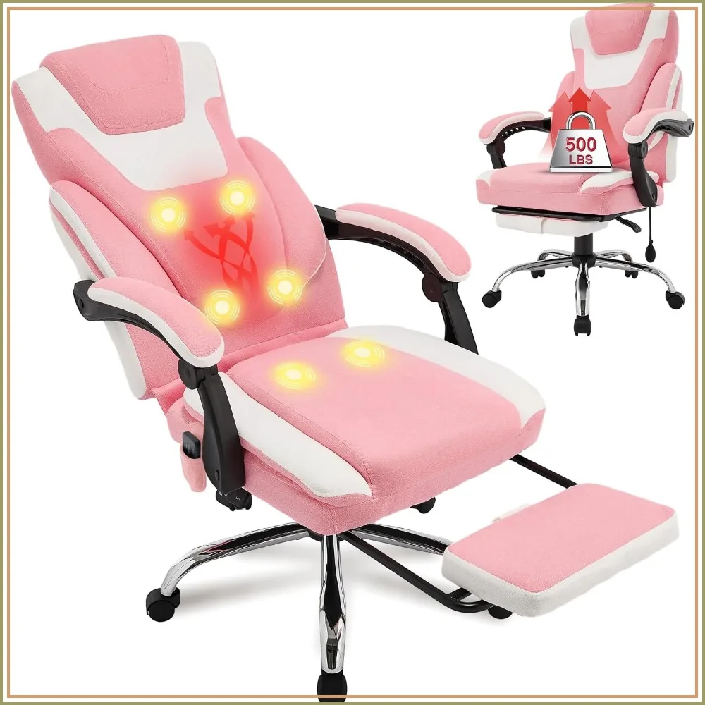 Ergonomic Massage Office Chair with Footrest And Heat Function 500LBS Capacity Recliner in Pink-White Color Combination