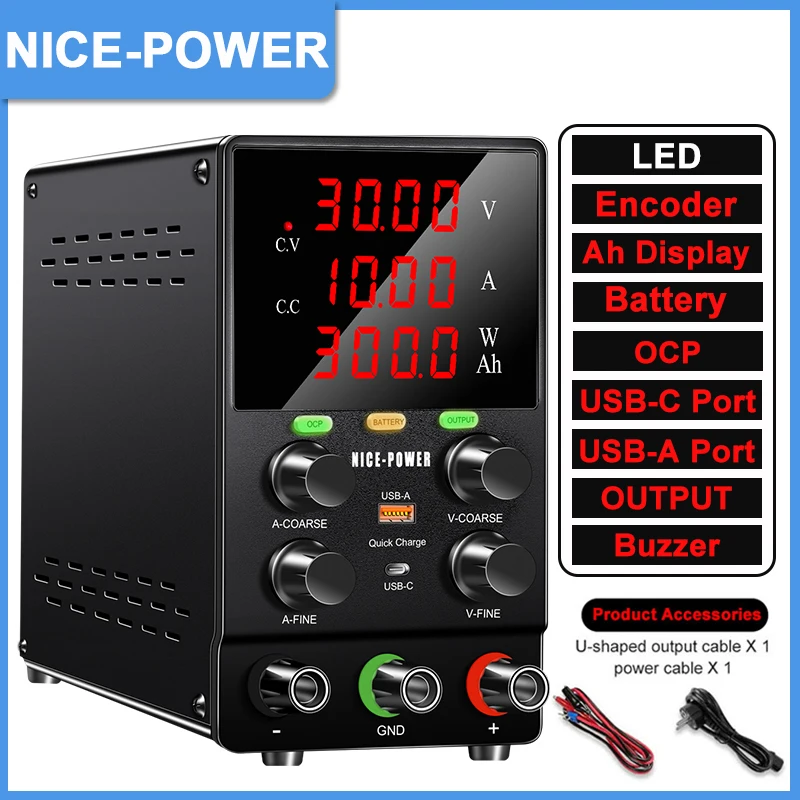 

30V 10A 300W Battery Charging DC Power Supply Ah Display OCP Buzzer Alarm Switching Voltage Regulator For Car Battery Charger