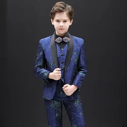 Jacquard satin Floral Shawl Collar Suit For Boys Costume For Prom Halloween Christmas Party Piano Performance Wedding Dress